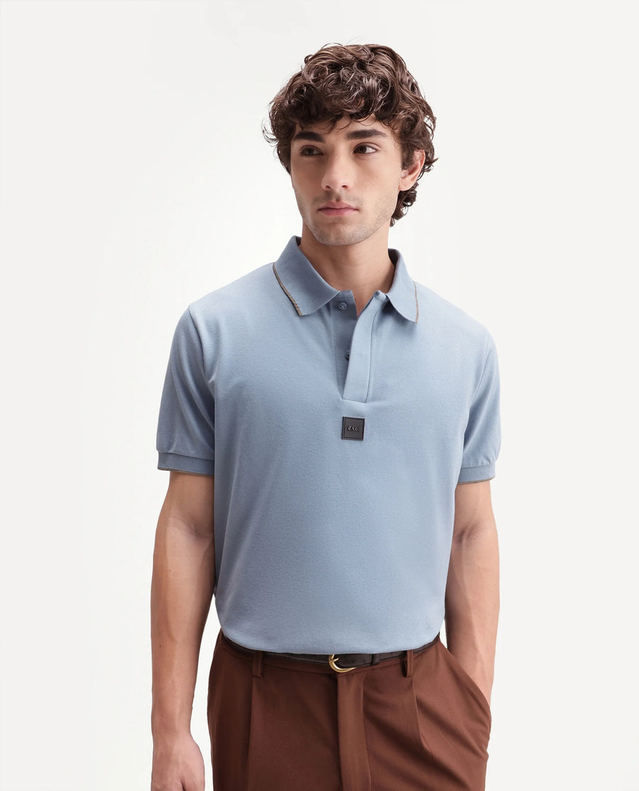 Rare Rabbit Men's Mak Dusky Blue Cotton Blend Fabric Half Sleeve Spread Collar Regular Fit Plain Polo