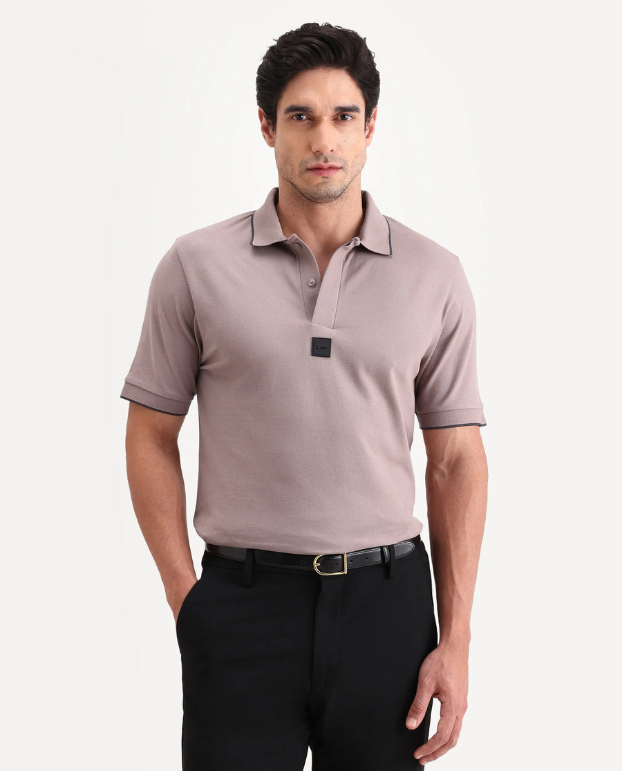 Rare Rabbit Men's Mak Dusky Pink Cotton Blend Fabric Half Sleeve Spread Collar Regular Fit Plain Polo