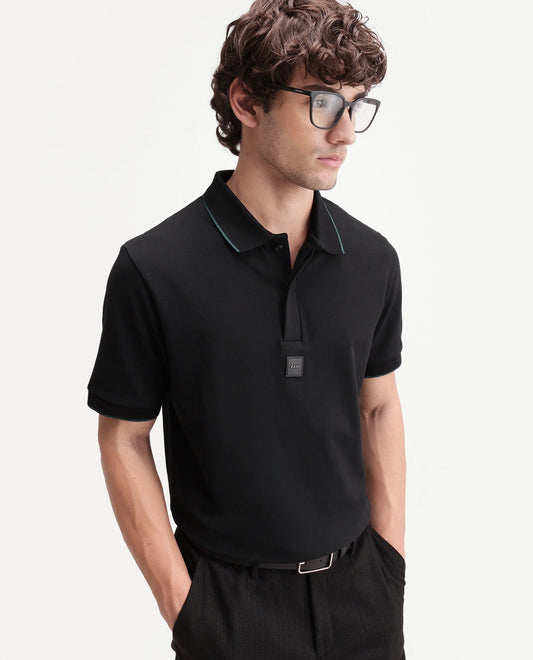 Rare Rabbit Men's Mak Black Cotton Blend Fabric Half Sleeve Spread Collar Regular Fit Plain Polo