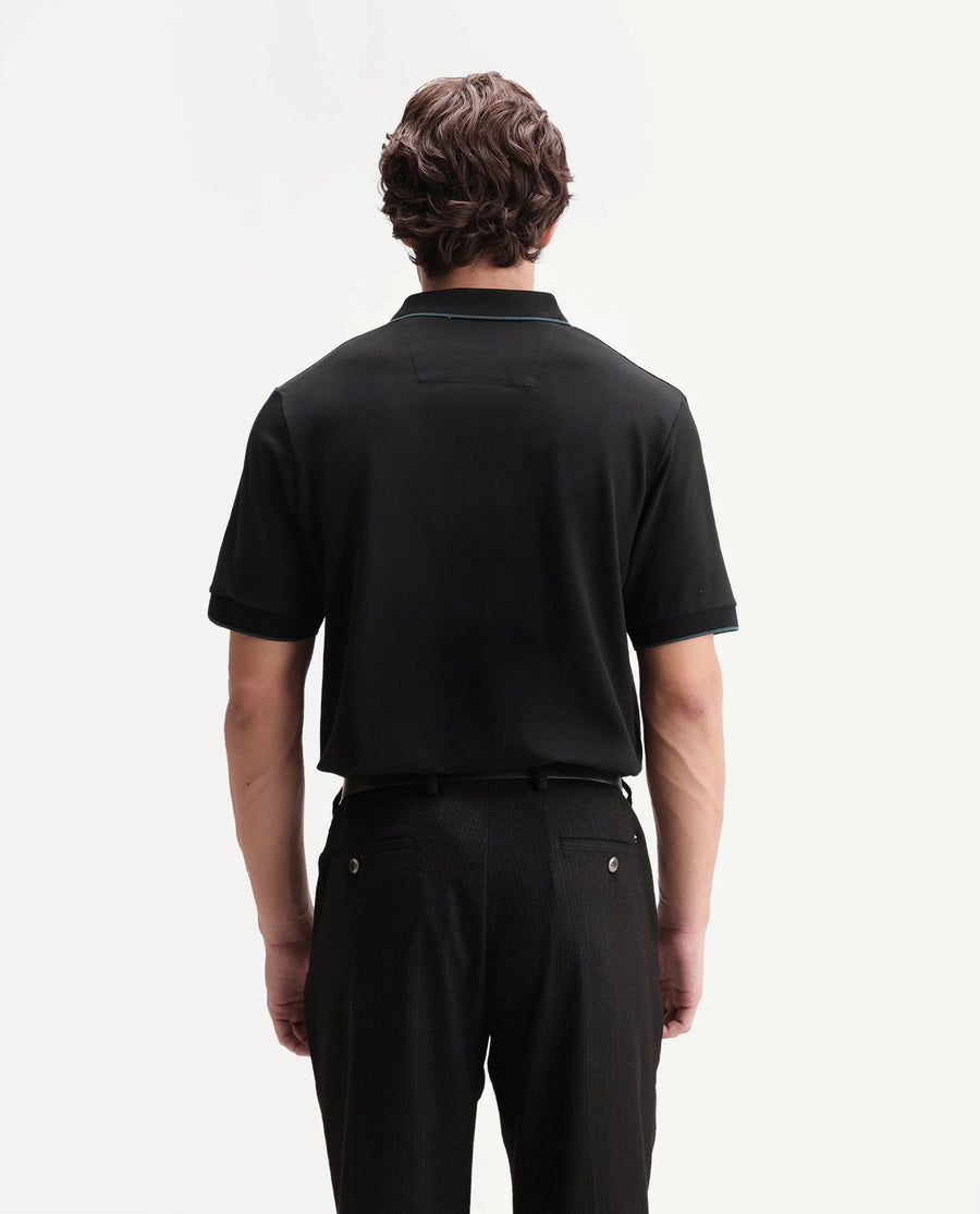 Rare Rabbit Men's Mak Black Cotton Blend Fabric Half Sleeve Spread Collar Regular Fit Plain Polo