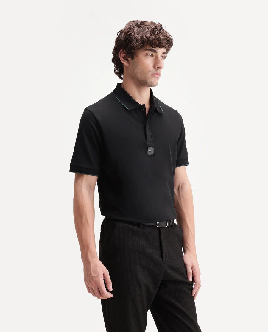 Rare Rabbit Men's Mak Black Cotton Blend Fabric Half Sleeve Spread Collar Regular Fit Plain Polo