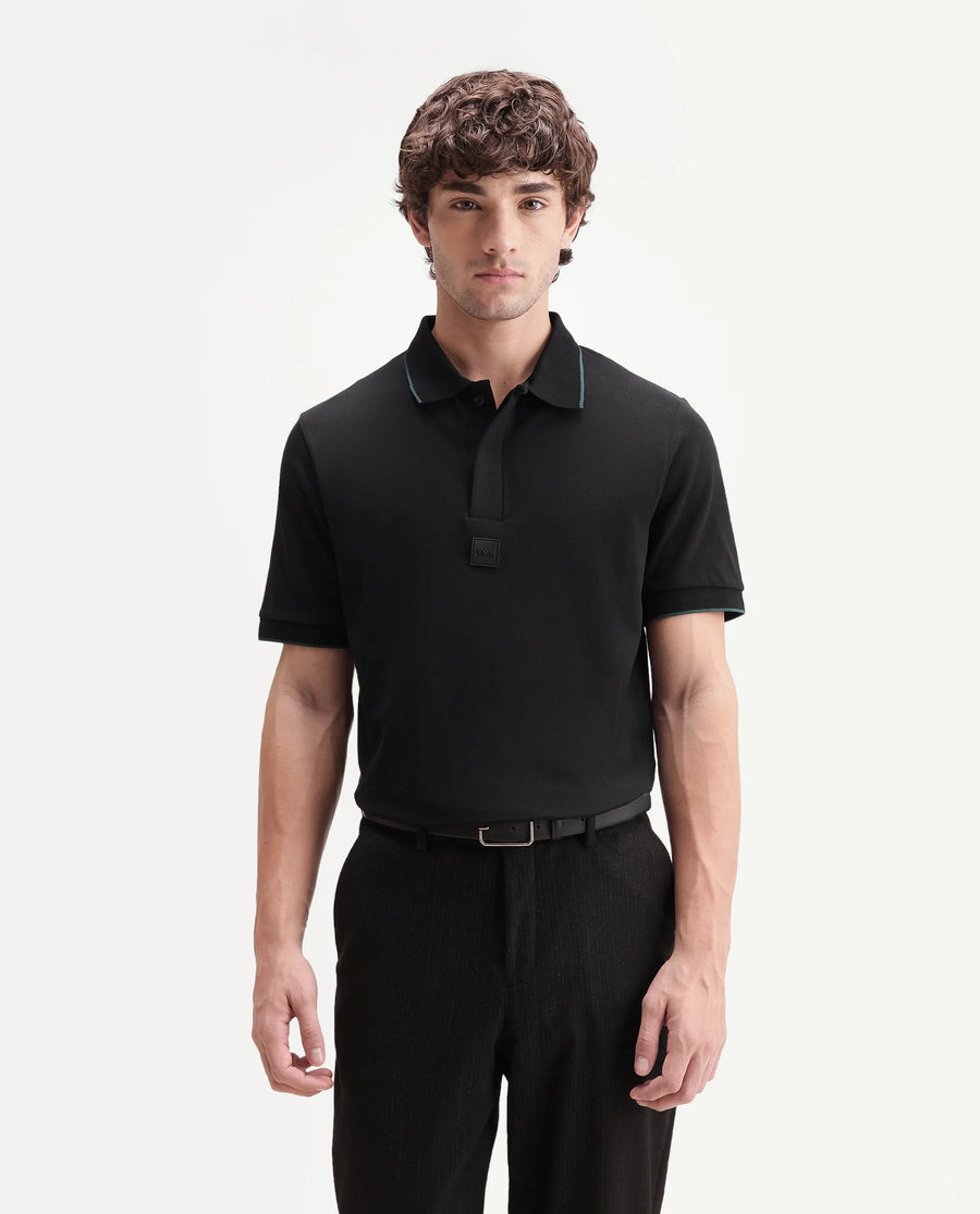 Rare Rabbit Men's Mak Black Cotton Blend Fabric Half Sleeve Spread Collar Regular Fit Plain Polo