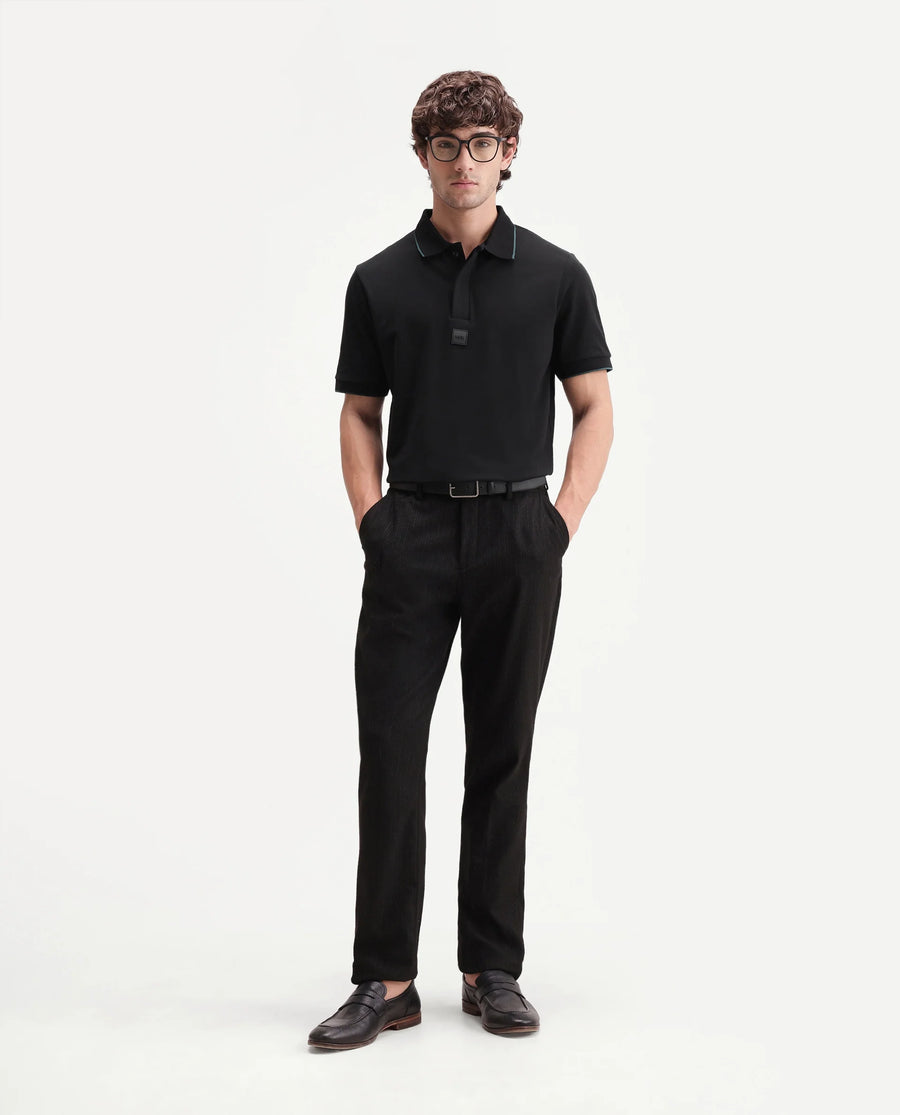 Rare Rabbit Men's Mak Black Cotton Blend Fabric Half Sleeve Spread Collar Regular Fit Plain Polo