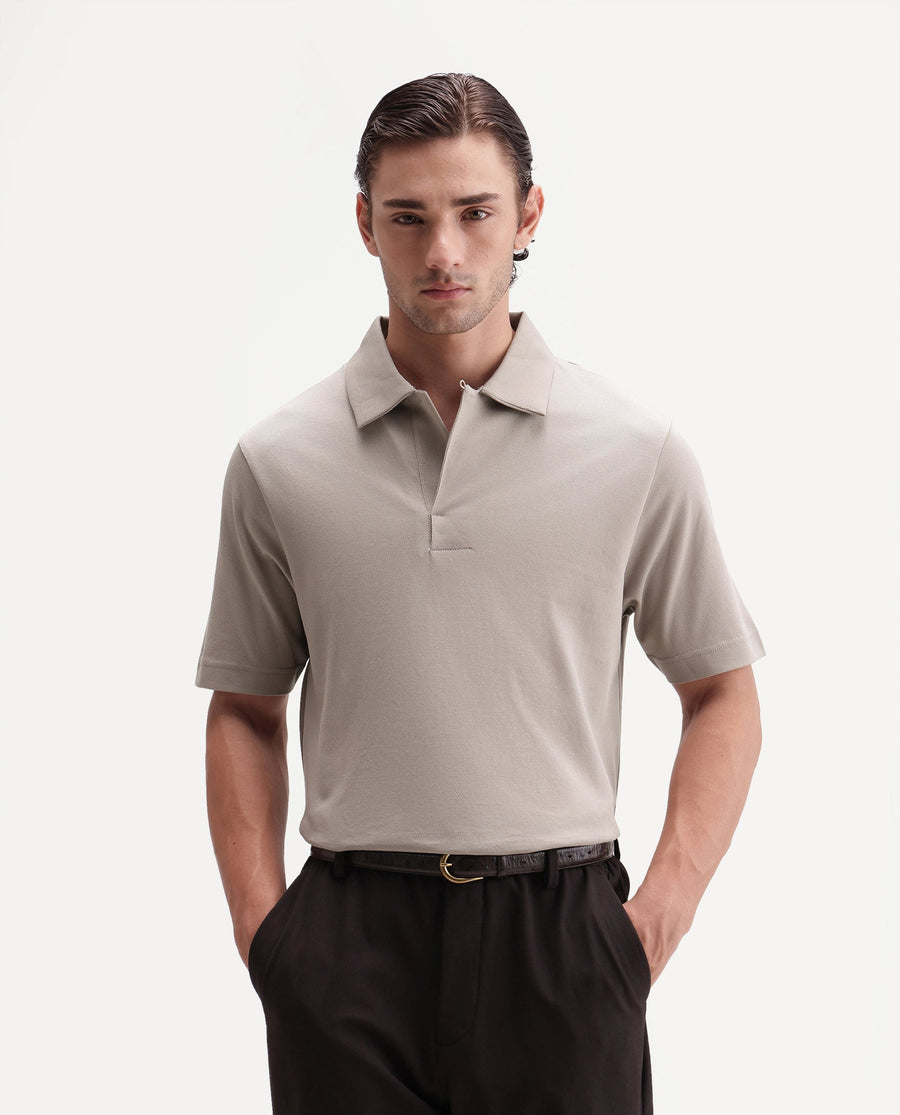 Rare Rabbit Men's Mers Dusky Beige Cotton Fabric Half Sleeve Spread Collar Regular Fit Plain Polo