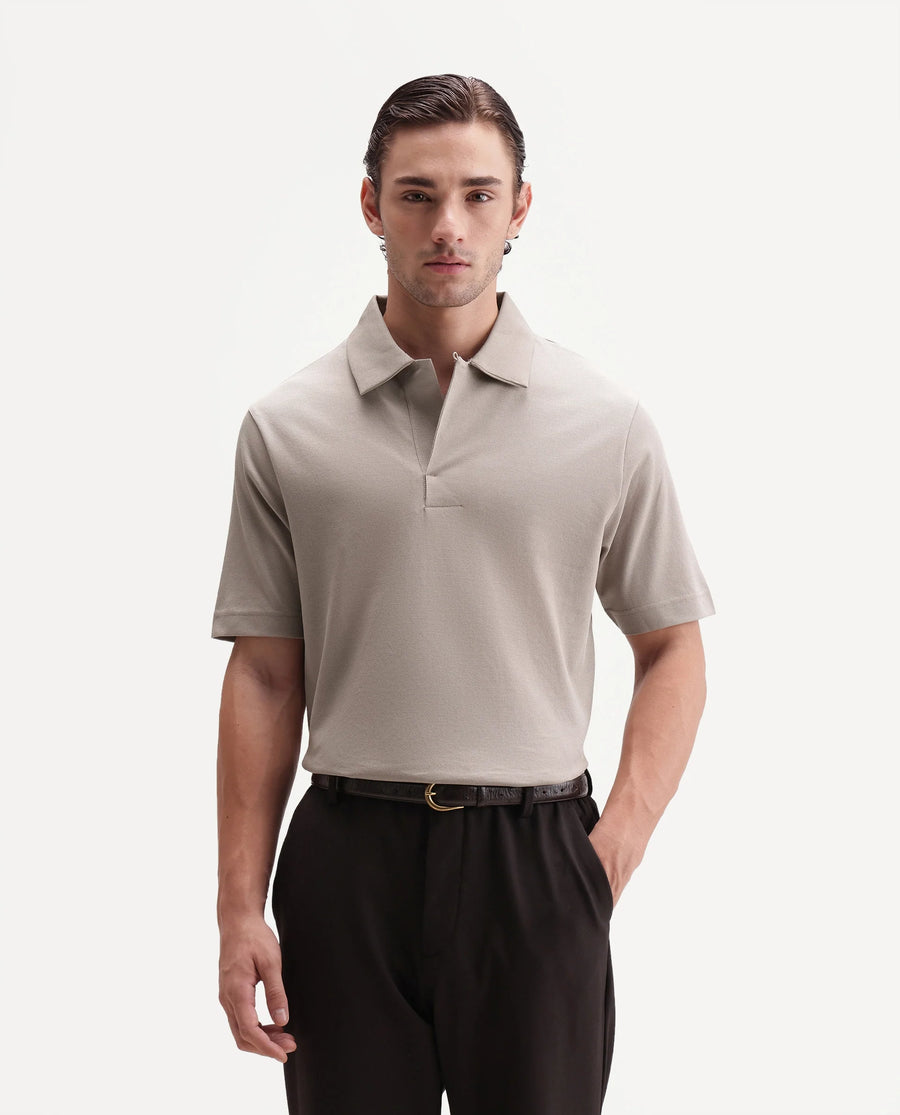 Rare Rabbit Men's Mers Dusky Beige Cotton Fabric Half Sleeve Spread Collar Regular Fit Plain Polo