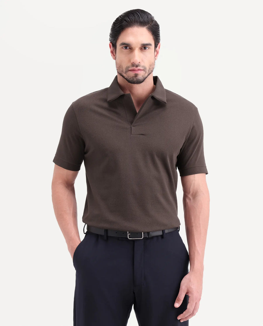 Rare Rabbit Men's Mers Brown Cotton Fabric Half Sleeve Spread Collar Regular Fit Plain Polo