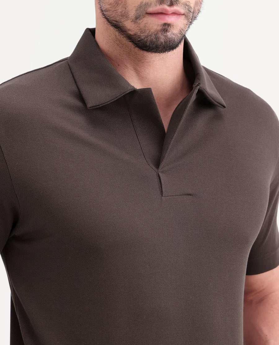 Rare Rabbit Men's Mers Brown Cotton Fabric Half Sleeve Spread Collar Regular Fit Plain Polo