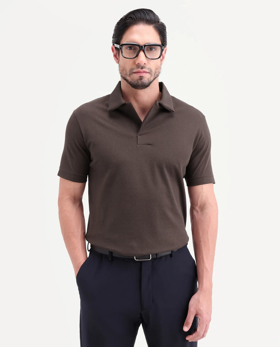 Rare Rabbit Men's Mers Brown Cotton Fabric Half Sleeve Spread Collar Regular Fit Plain Polo