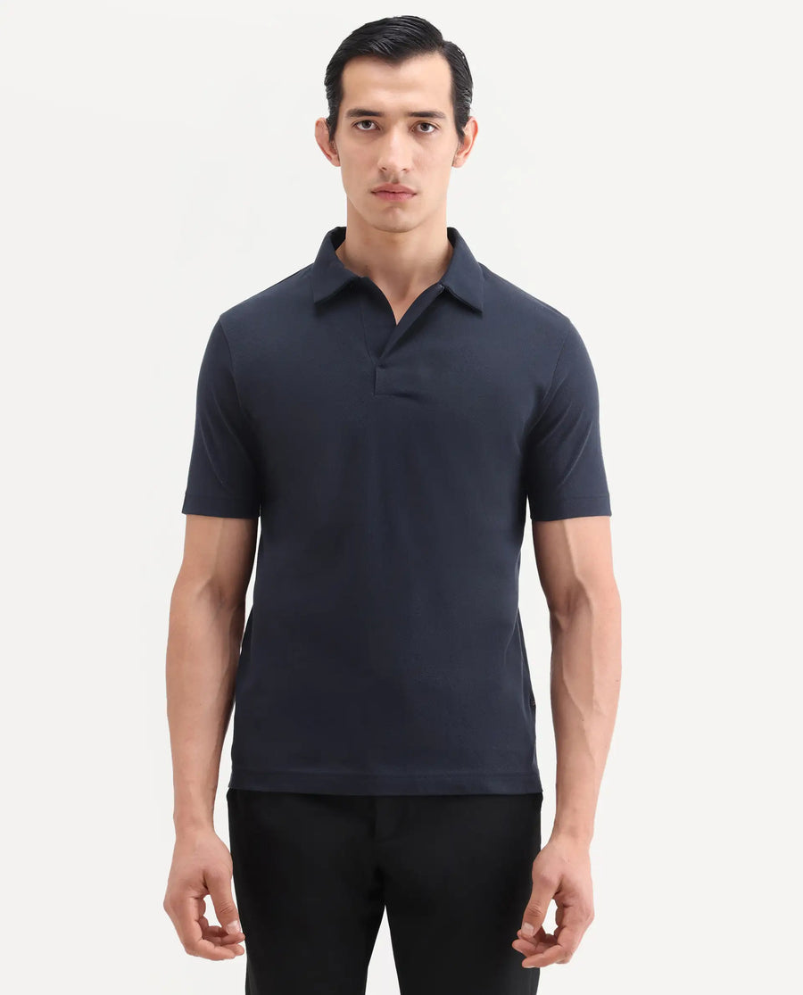 Rare Rabbit Men's Mers Dark Navy Cotton Fabric Half Sleeve Spread Collar Regular Fit Plain Polo