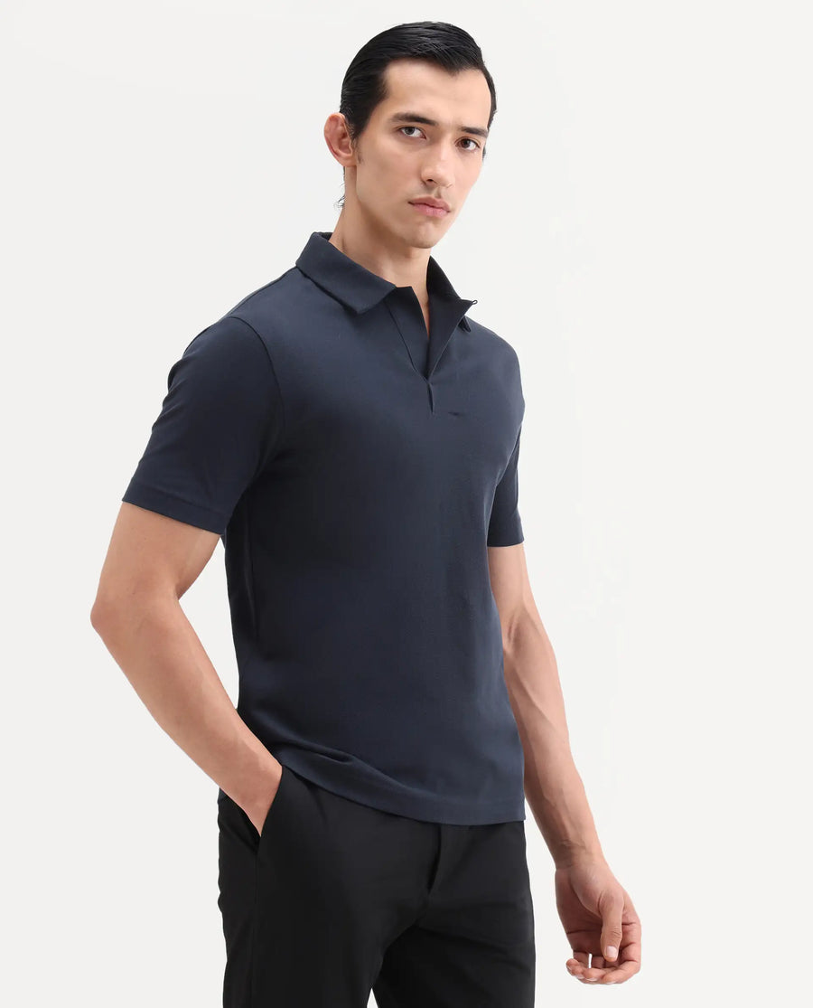 Rare Rabbit Men's Mers Dark Navy Cotton Fabric Half Sleeve Spread Collar Regular Fit Plain Polo