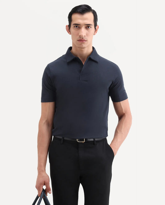 Rare Rabbit Men's Mers Dark Navy Cotton Fabric Half Sleeve Spread Collar Regular Fit Plain Polo