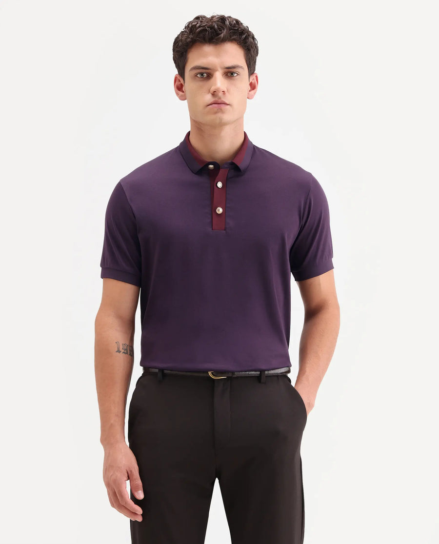 Rare Rabbit Men's Nish Dark Purple Cotton Fabric Half Sleeve Spread Collar Regular Fit Plain Polo
