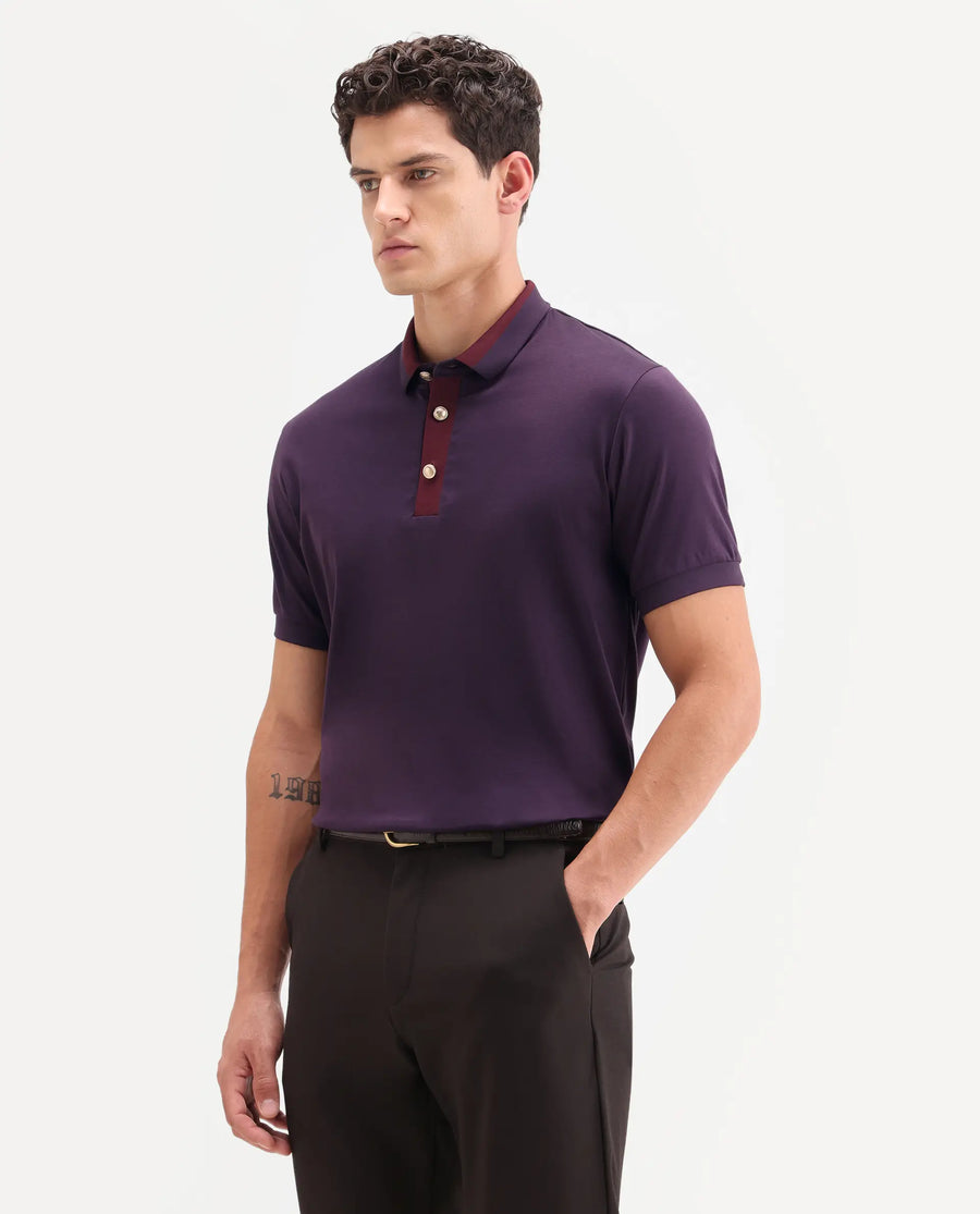 Rare Rabbit Men's Nish Dark Purple Cotton Fabric Half Sleeve Spread Collar Regular Fit Plain Polo