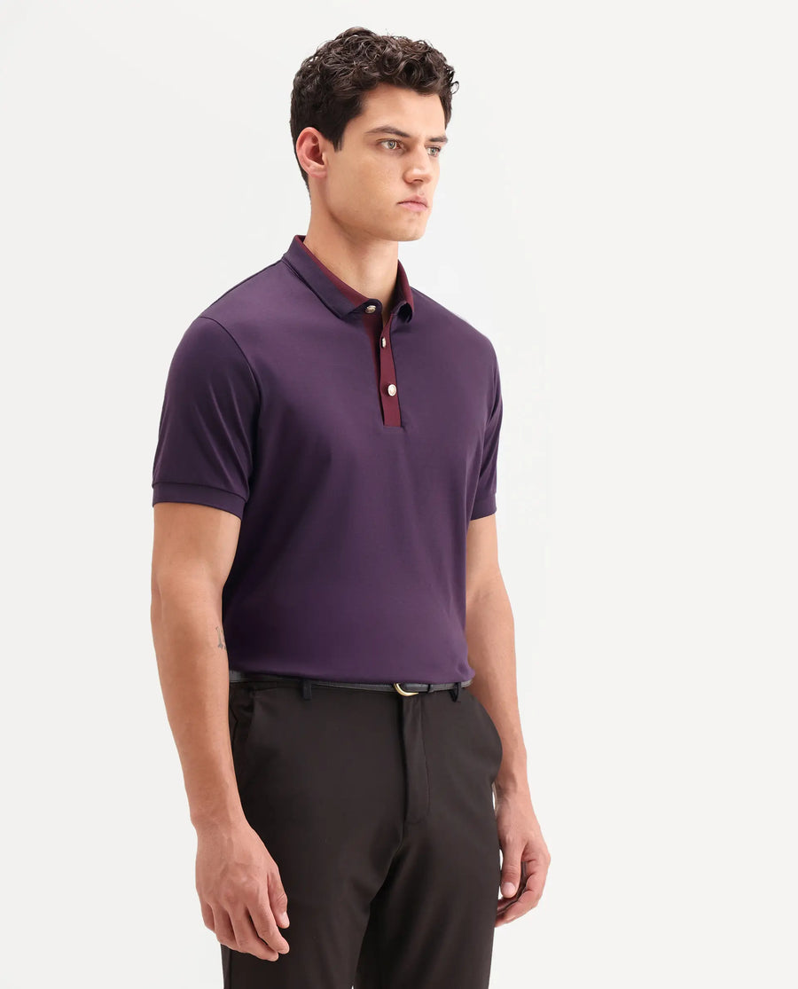 Rare Rabbit Men's Nish Dark Purple Cotton Fabric Half Sleeve Spread Collar Regular Fit Plain Polo
