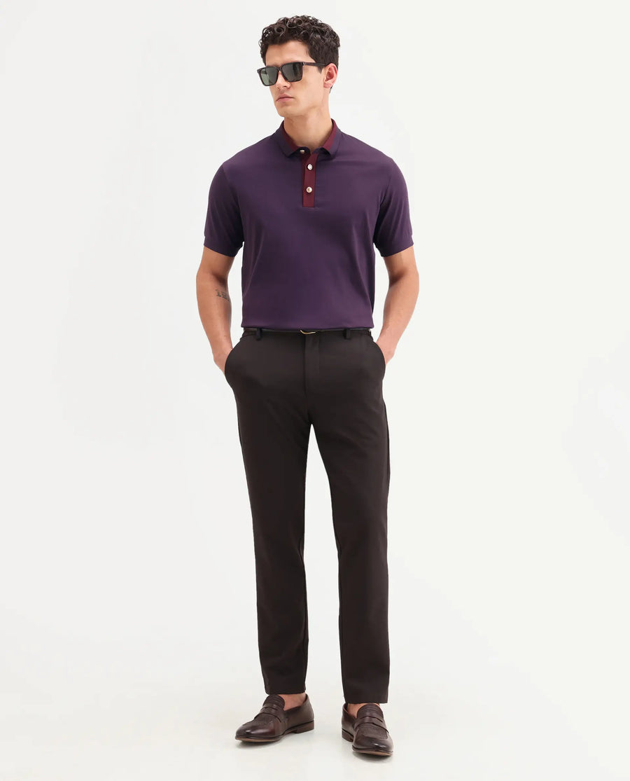 Rare Rabbit Men's Nish Dark Purple Cotton Fabric Half Sleeve Spread Collar Regular Fit Plain Polo