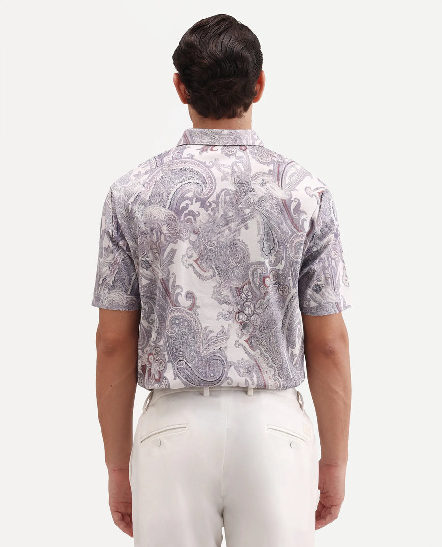 Rare Rabbit Men's Plais White Cotton Fabric Half Sleeve Spread Collar Regular Fit Paisley Polo