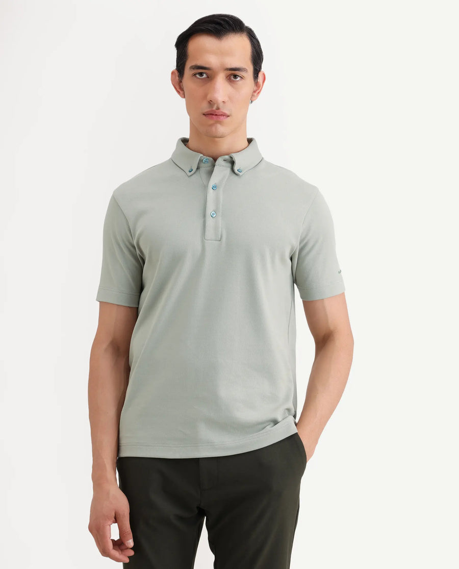 Rare Rabbit Men's Promp Dusky Green Cotton Blend Fabric Half Sleeve Spread Collar Regular Fit Plain Polo