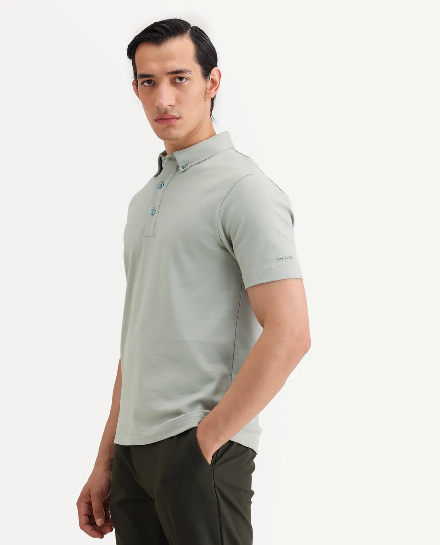 Rare Rabbit Men's Promp Dusky Green Cotton Blend Fabric Half Sleeve Spread Collar Regular Fit Plain Polo