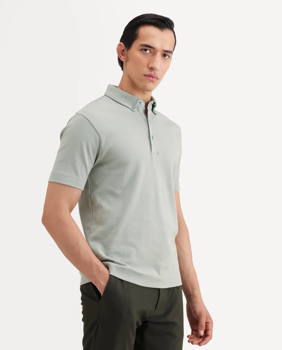 Rare Rabbit Men's Promp Dusky Green Cotton Blend Fabric Half Sleeve Spread Collar Regular Fit Plain Polo