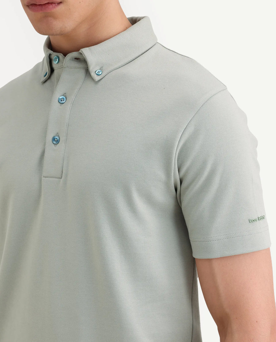 Rare Rabbit Men's Promp Dusky Green Cotton Blend Fabric Half Sleeve Spread Collar Regular Fit Plain Polo