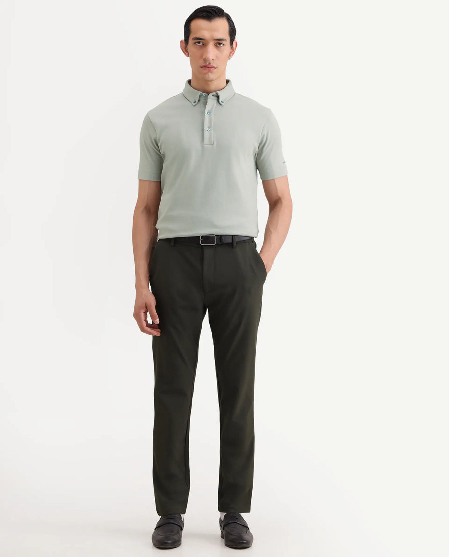 Rare Rabbit Men's Promp Dusky Green Cotton Blend Fabric Half Sleeve Spread Collar Regular Fit Plain Polo