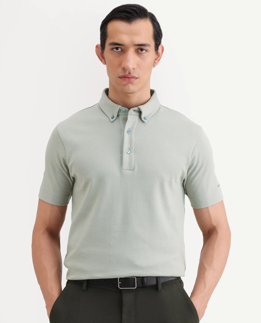 Rare Rabbit Men's Promp Dusky Green Cotton Blend Fabric Half Sleeve Spread Collar Regular Fit Plain Polo