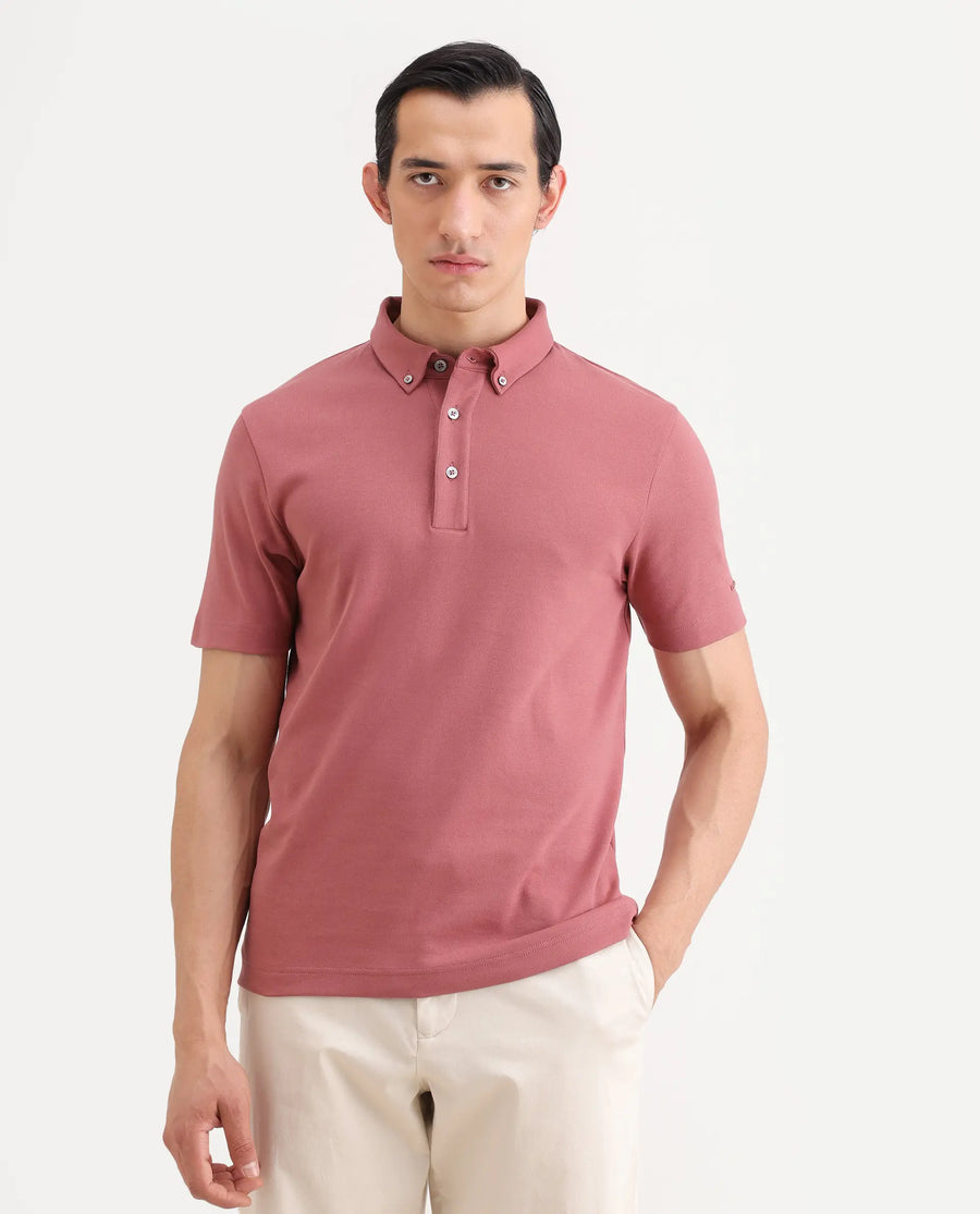 Rare Rabbit Men's Promp Dusky Pink Cotton Blend Fabric Half Sleeve Spread Collar Regular Fit Plain Polo