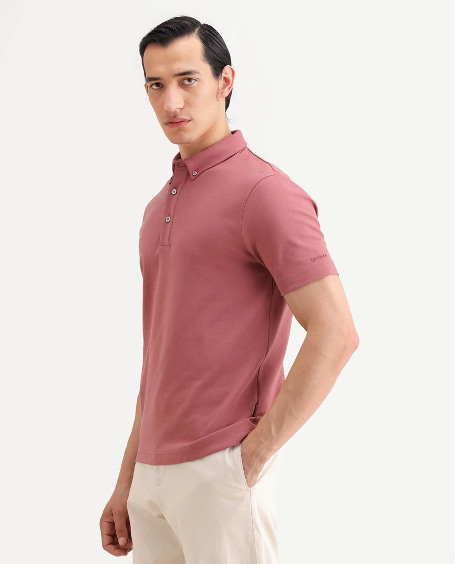 Rare Rabbit Men's Promp Dusky Pink Cotton Blend Fabric Half Sleeve Spread Collar Regular Fit Plain Polo
