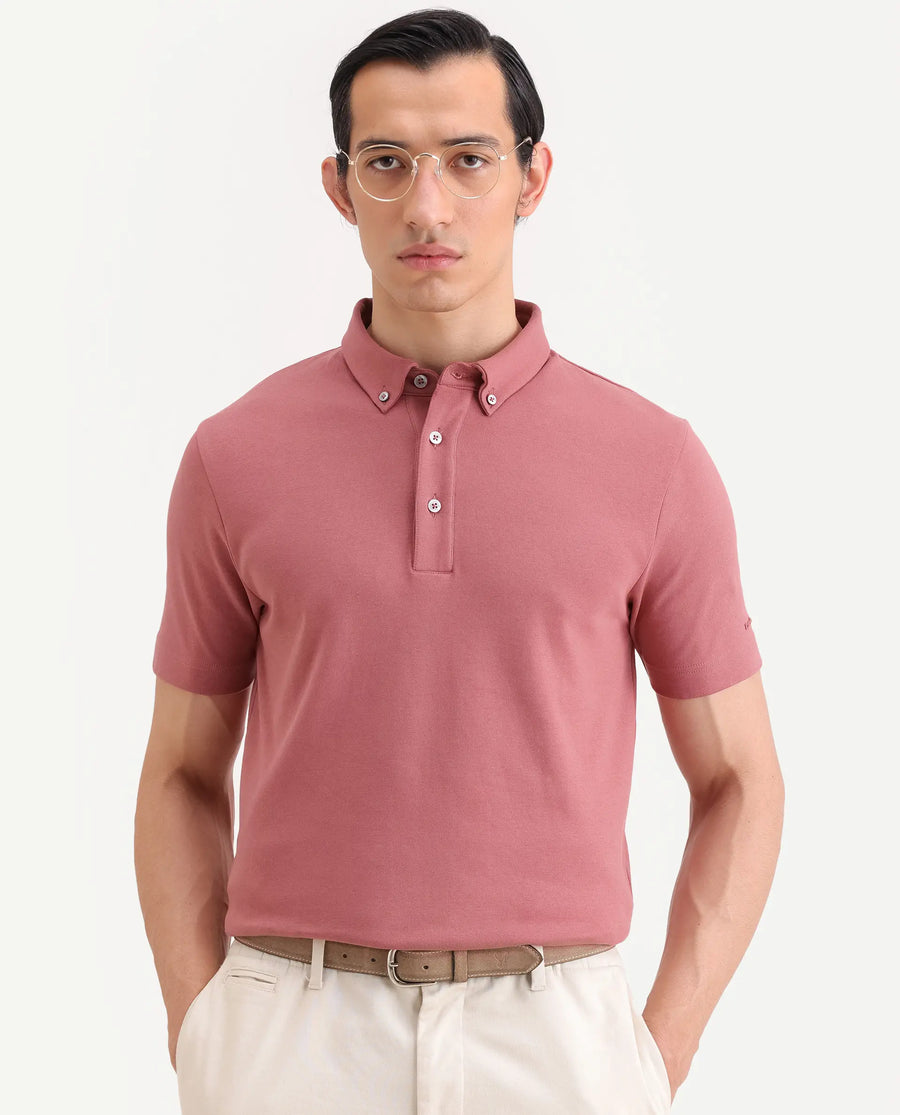Rare Rabbit Men's Promp Dusky Pink Cotton Blend Fabric Half Sleeve Spread Collar Regular Fit Plain Polo