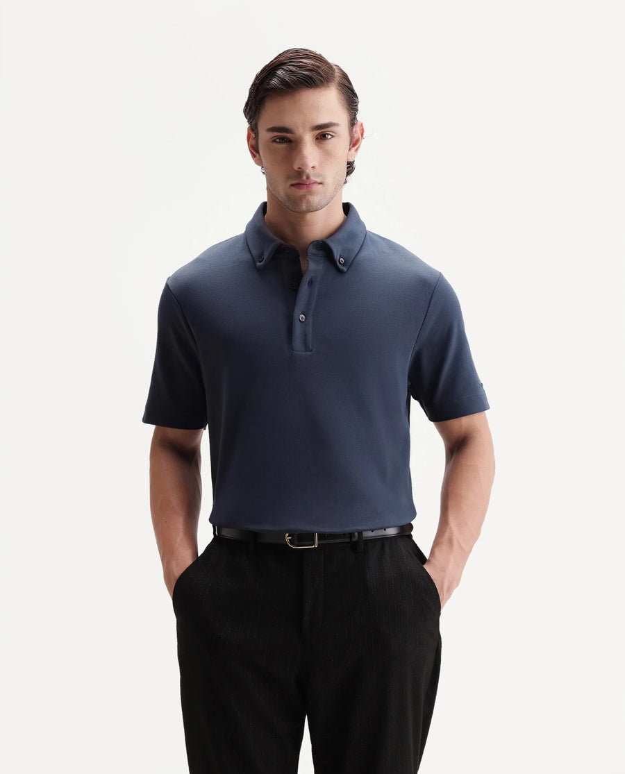 Rare Rabbit Men's Promp Dusky Blue Cotton Blend Fabric Half Sleeve Spread Collar Regular Fit Plain Polo