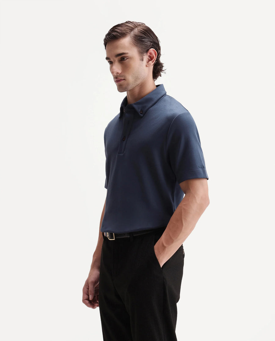 Rare Rabbit Men's Promp Dusky Blue Cotton Blend Fabric Half Sleeve Spread Collar Regular Fit Plain Polo