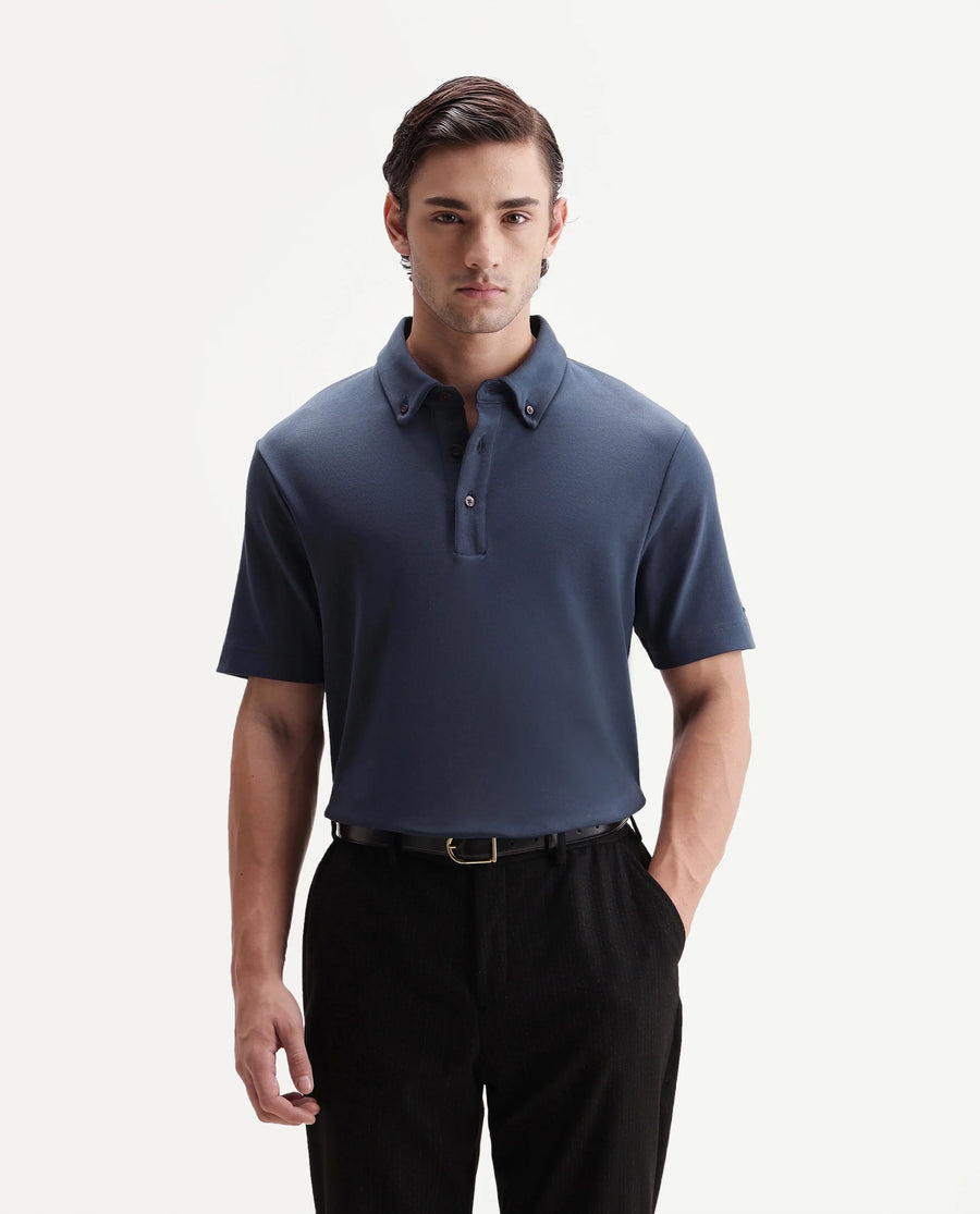 Rare Rabbit Men's Promp Dusky Blue Cotton Blend Fabric Half Sleeve Spread Collar Regular Fit Plain Polo