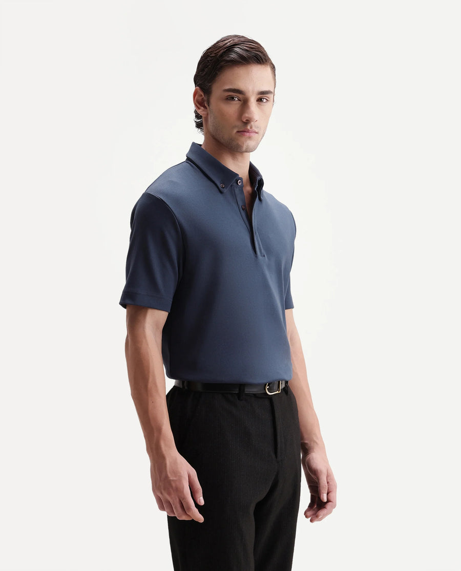 Rare Rabbit Men's Promp Dusky Blue Cotton Blend Fabric Half Sleeve Spread Collar Regular Fit Plain Polo