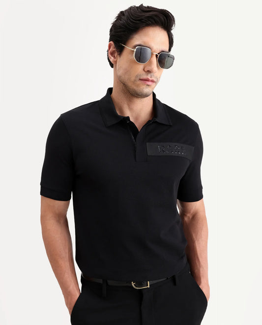 Rare Rabbit Men's Remo-S26 Black Cotton Blend Fabric Half Sleeve Spread Collar Regular Fit Plain Polo