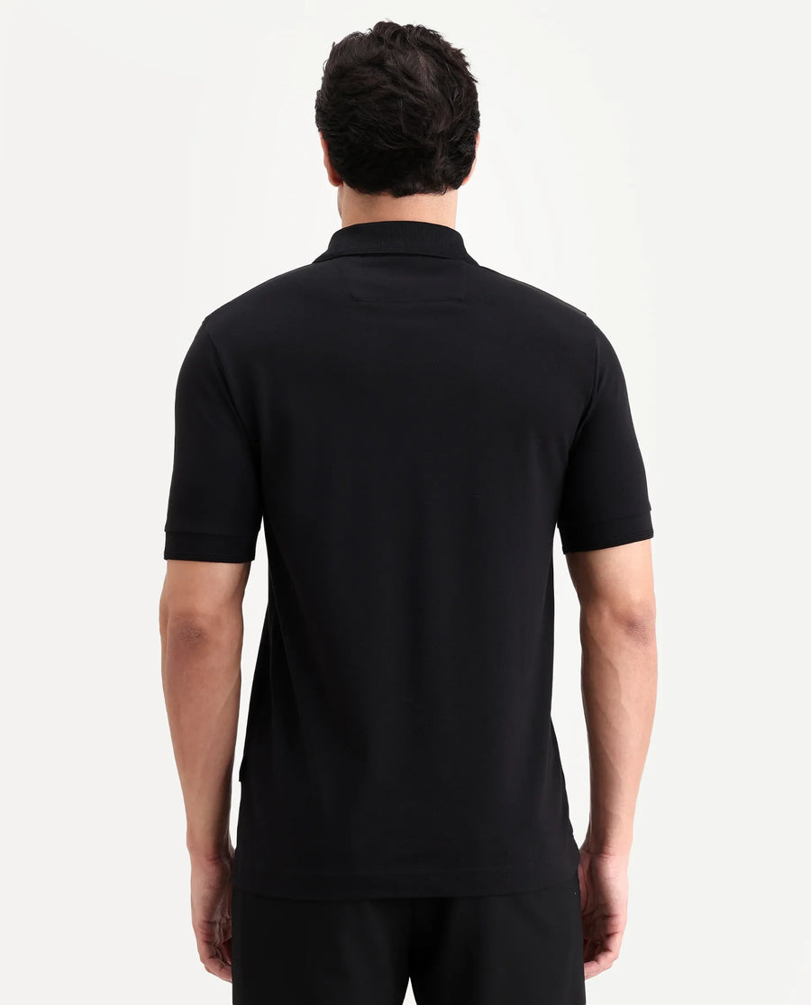 Rare Rabbit Men's Remo-S26 Black Cotton Blend Fabric Half Sleeve Spread Collar Regular Fit Plain Polo