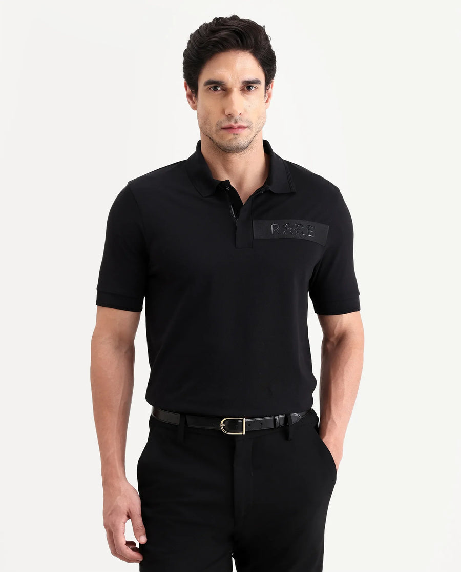 Rare Rabbit Men's Remo-S26 Black Cotton Blend Fabric Half Sleeve Spread Collar Regular Fit Plain Polo