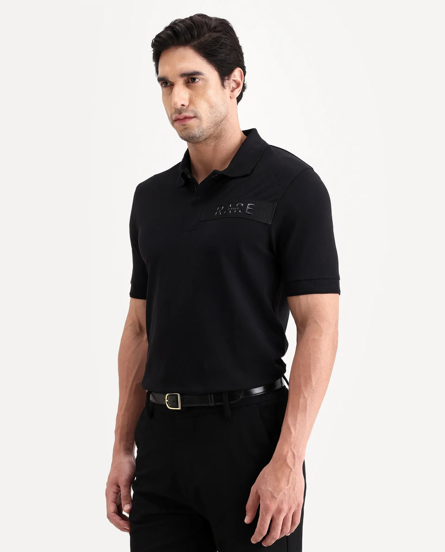 Rare Rabbit Men's Remo-S26 Black Cotton Blend Fabric Half Sleeve Spread Collar Regular Fit Plain Polo