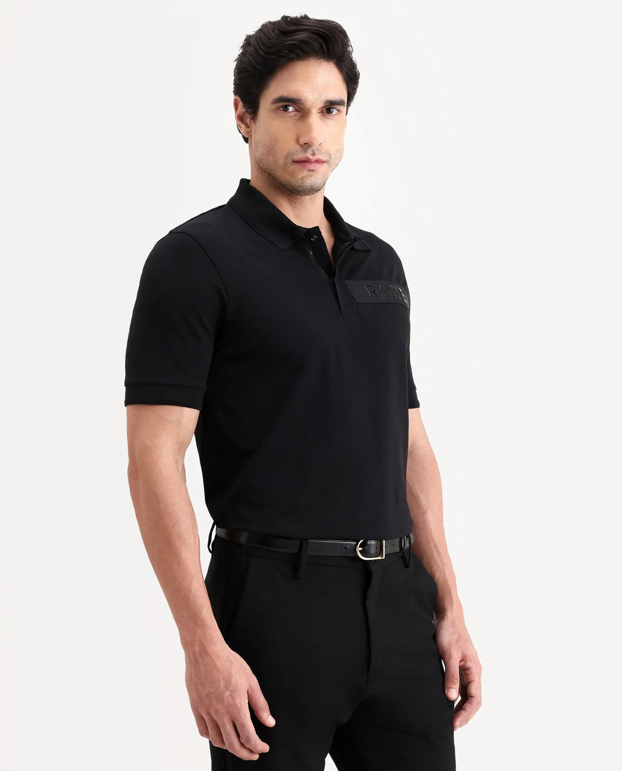 Rare Rabbit Men's Remo-S26 Black Cotton Blend Fabric Half Sleeve Spread Collar Regular Fit Plain Polo