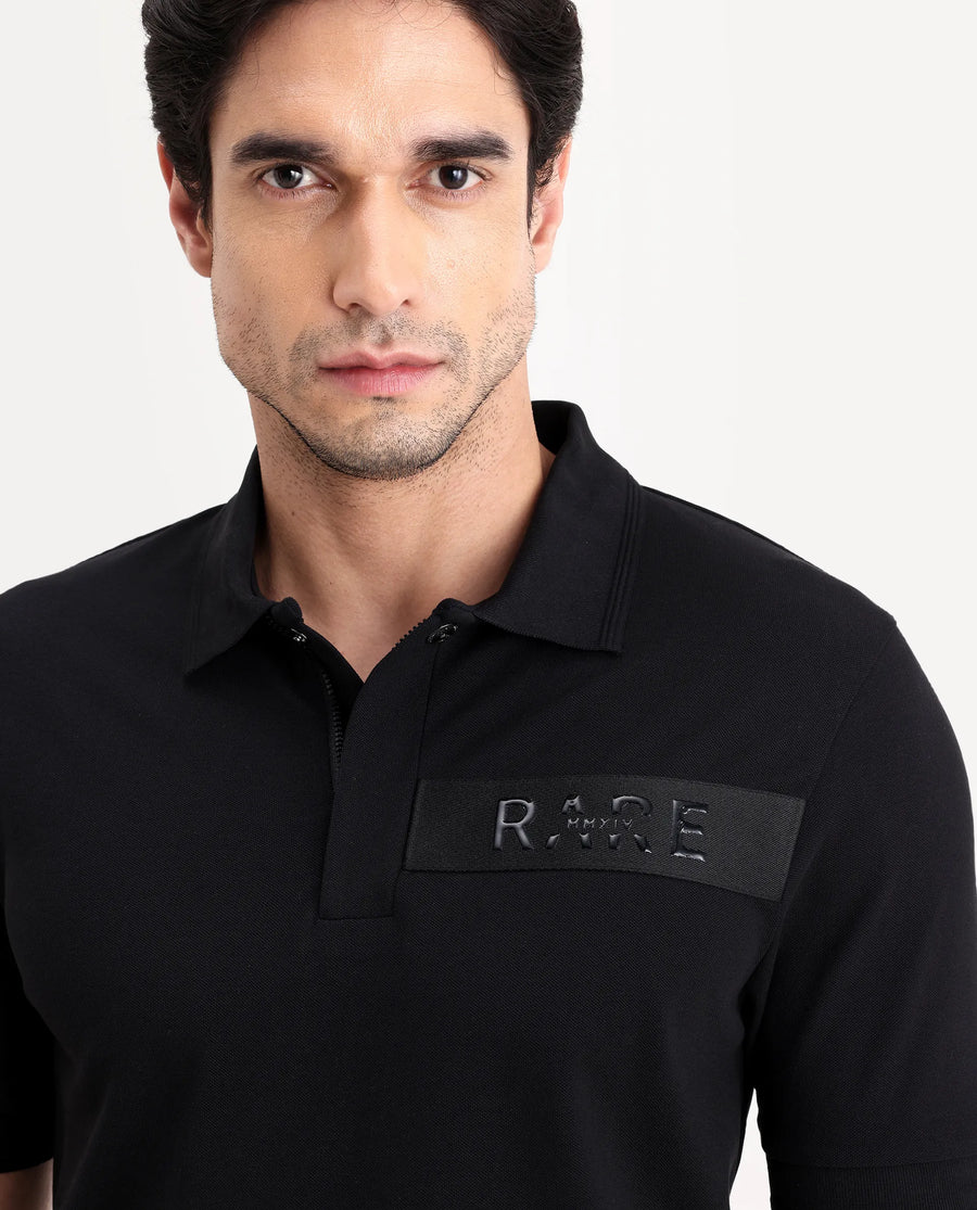 Rare Rabbit Men's Remo-S26 Black Cotton Blend Fabric Half Sleeve Spread Collar Regular Fit Plain Polo