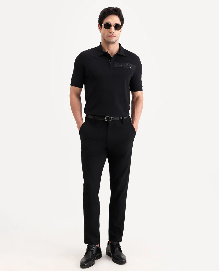 Rare Rabbit Men's Remo-S26 Black Cotton Blend Fabric Half Sleeve Spread Collar Regular Fit Plain Polo