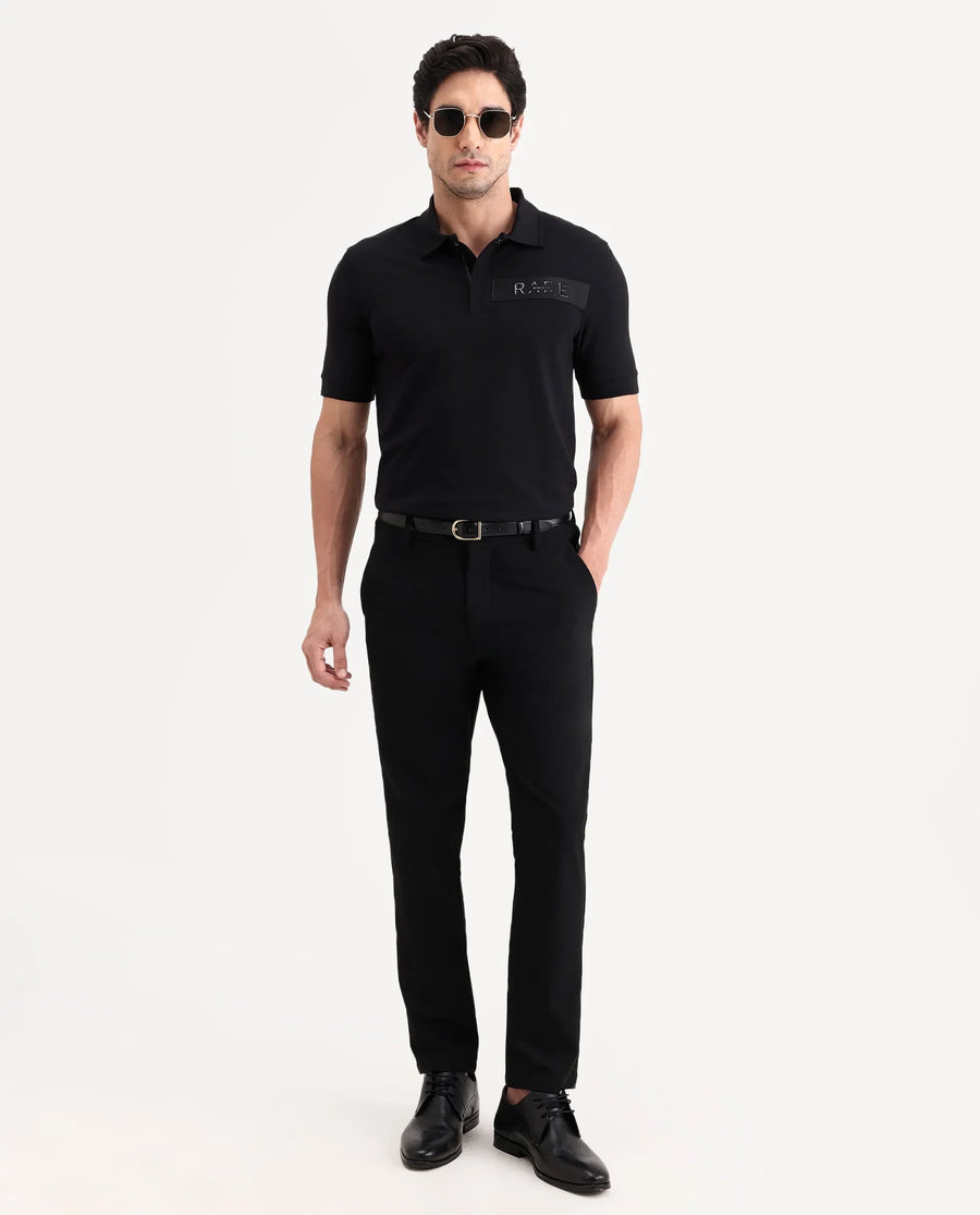 Rare Rabbit Men's Remo-S26 Black Cotton Blend Fabric Half Sleeve Spread Collar Regular Fit Plain Polo
