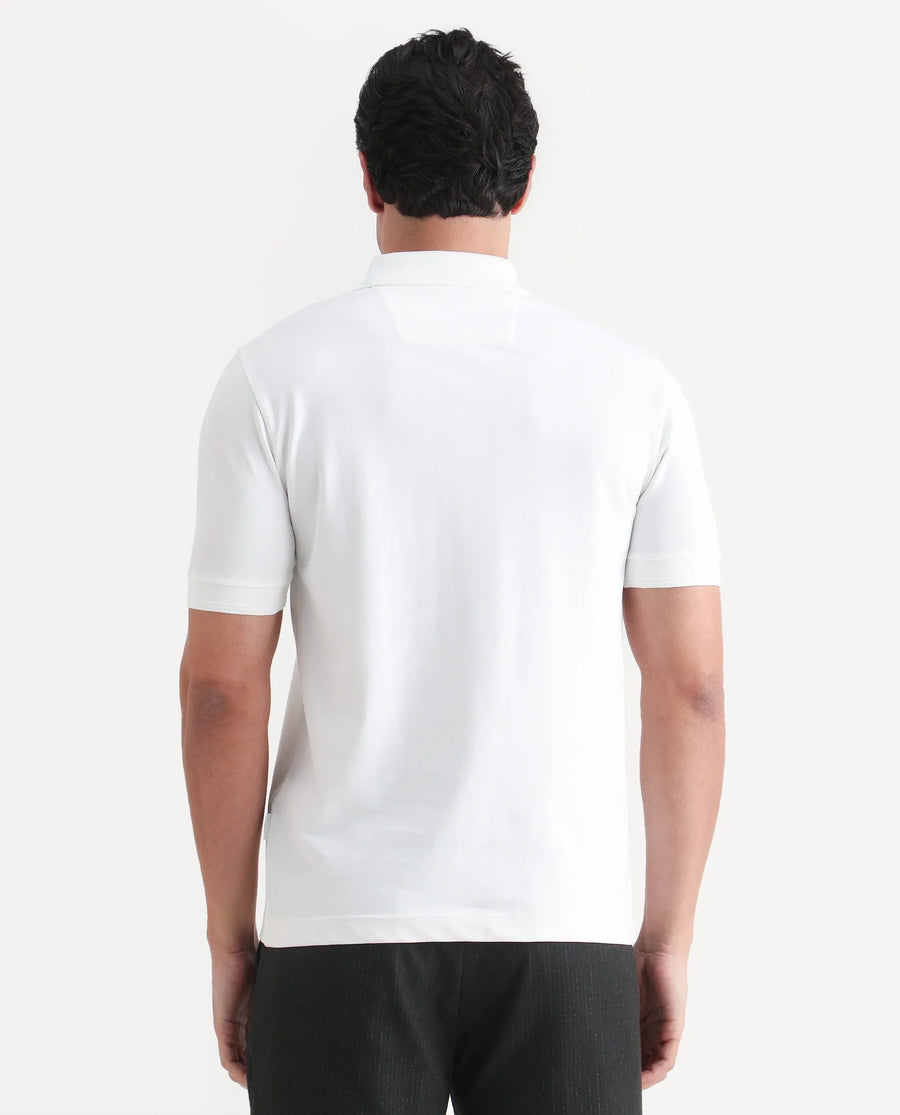 Rare Rabbit Men's Remo-S26 White Cotton Blend Fabric Half Sleeve Spread Collar Regular Fit Plain Polo
