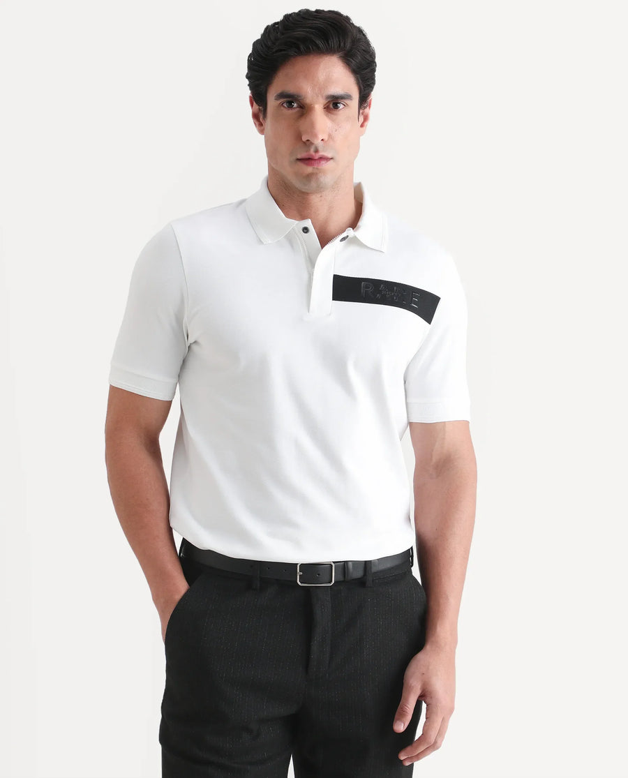 Rare Rabbit Men's Remo-S26 White Cotton Blend Fabric Half Sleeve Spread Collar Regular Fit Plain Polo