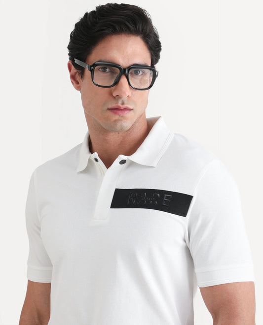 Rare Rabbit Men's Remo-S26 White Cotton Blend Fabric Half Sleeve Spread Collar Regular Fit Plain Polo