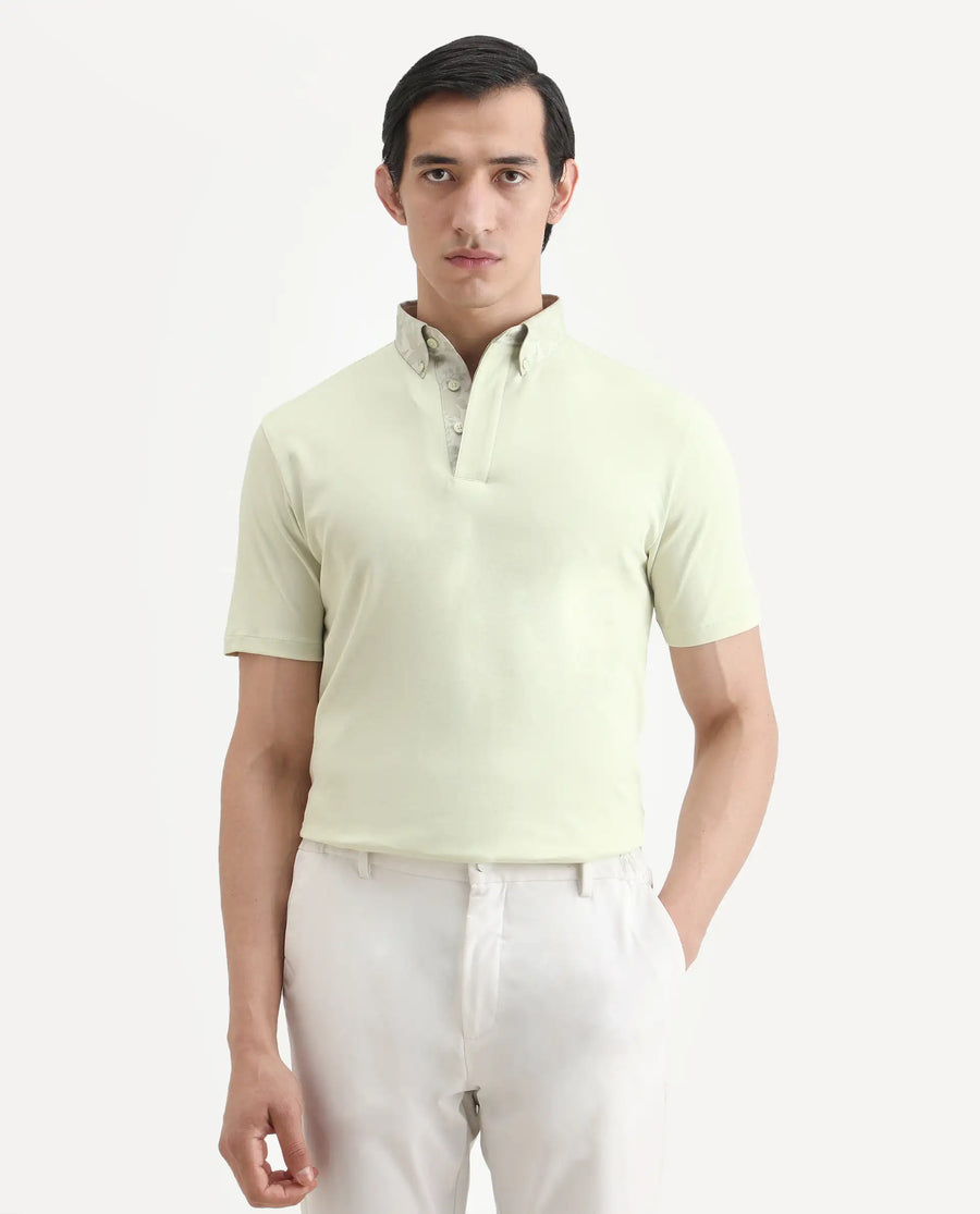 Rare Rabbit Men's Ringer-S26 Pastel Green Cotton Fabric Half Sleeve Spread Collar Regular Fit Plain Polo