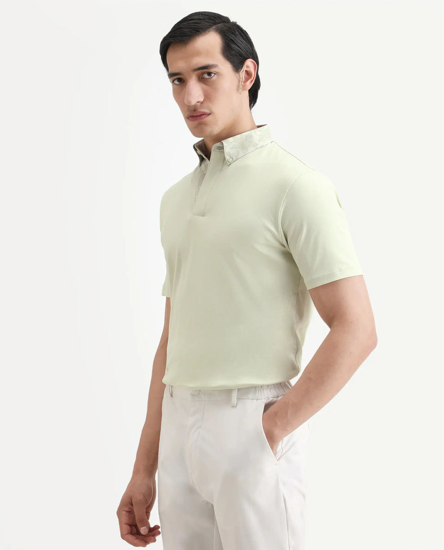 Rare Rabbit Men's Ringer-S26 Pastel Green Cotton Fabric Half Sleeve Spread Collar Regular Fit Plain Polo