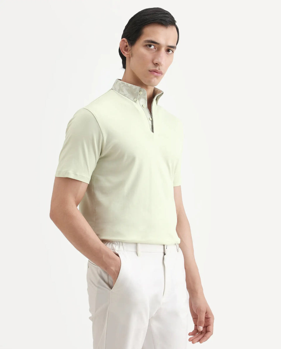 Rare Rabbit Men's Ringer-S26 Pastel Green Cotton Fabric Half Sleeve Spread Collar Regular Fit Plain Polo