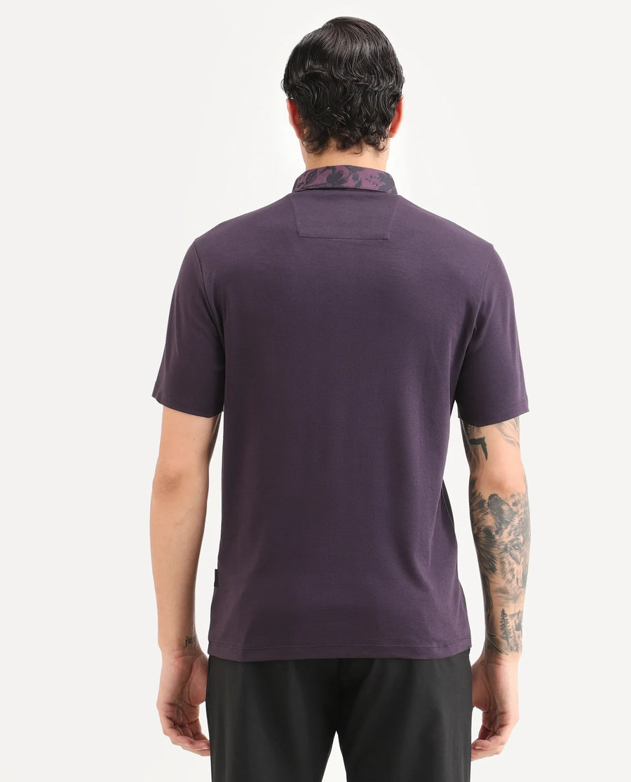 Rare Rabbit Men's Ringer-S26 Dark Purple Cotton Fabric Half Sleeve Spread Collar Regular Fit Plain Polo