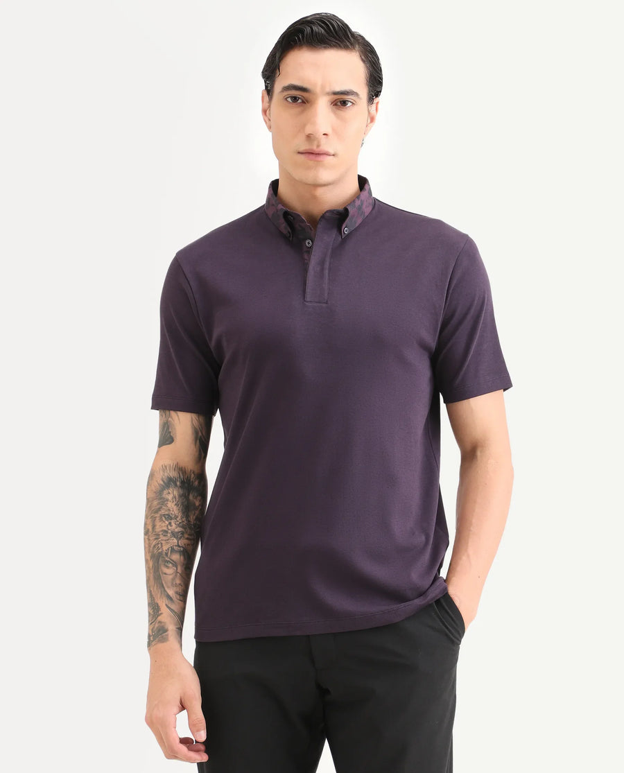Rare Rabbit Men's Ringer-S26 Dark Purple Cotton Fabric Half Sleeve Spread Collar Regular Fit Plain Polo