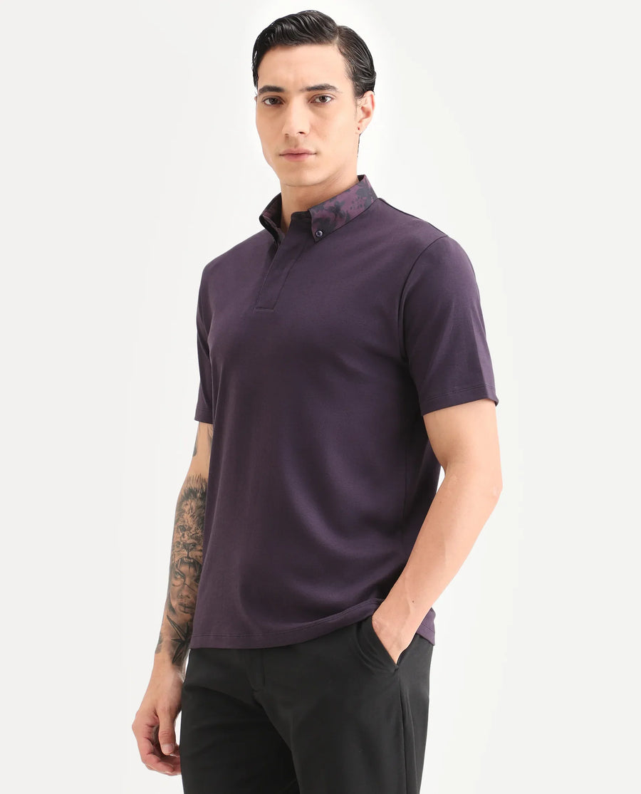 Rare Rabbit Men's Ringer-S26 Dark Purple Cotton Fabric Half Sleeve Spread Collar Regular Fit Plain Polo